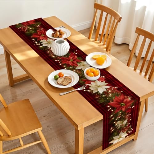 Christmas Table Runners and Placemats Set of 6 - Red Plaid with Poinsettia & Floral Design, Variation 124