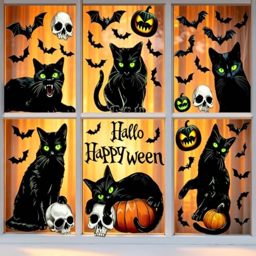 Halloween Window Clings - Black Cat Pumpkin Bat 6 Sheets Indoor Outdoor Decor - Variation: Black