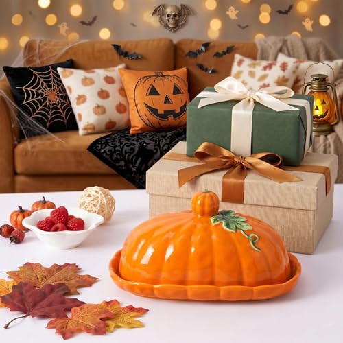 Orange Pumpkin-Shaped Ceramic Butter Dish with Lid - Dust-Proof Food Storage for Halloween & Thanksgiving