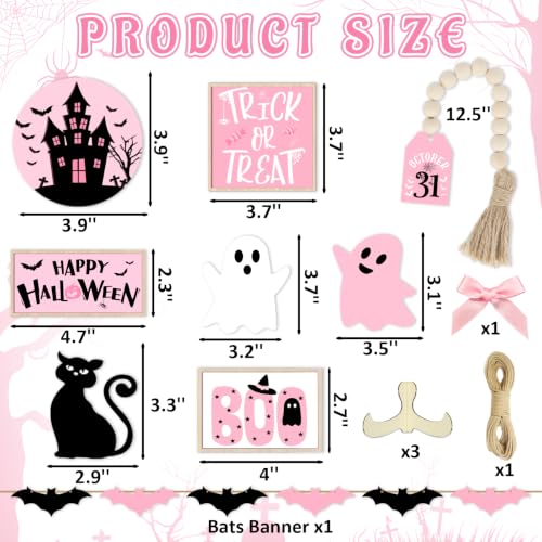 Pink Halloween Tiered Tray Decor Set - Indoor Wooden Signs with Ghost Bat Pumpkin Centerpieces