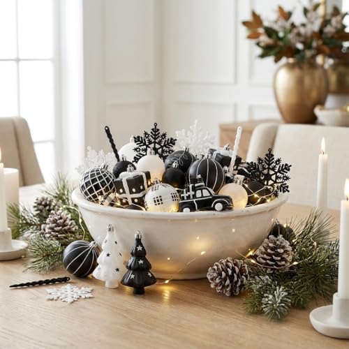 70-Pack Holiday Christmas Tree Ornaments Set - Black & White Shatterproof Decorations
