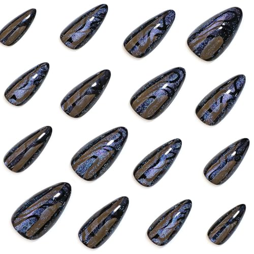 Black Press on Nails Medium Almond with Starry Sky Glitter - Style-4
