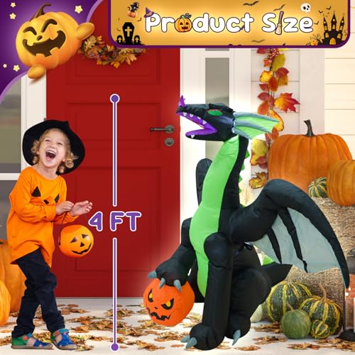 4FT Green Dinosaur Halloween Inflatable with LED Lights - Outdoor Yard Decor