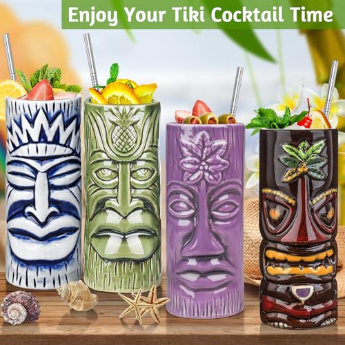 Set of 12 Large Ceramic Tiki Mugs for Cocktails and Hawaiian Parties