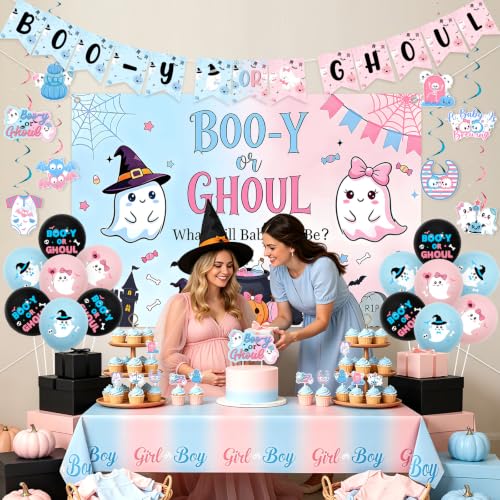 Halloween Gender Reveal Decorations Set with Backdrop Banner Swirls and Tablecloth - Pink & Blue Baby Shower Supplies
