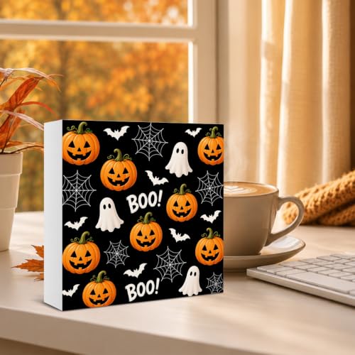 Fall Halloween Wooden Sign - Cute Pumpkin Ghost Autumn Decor Sign-14