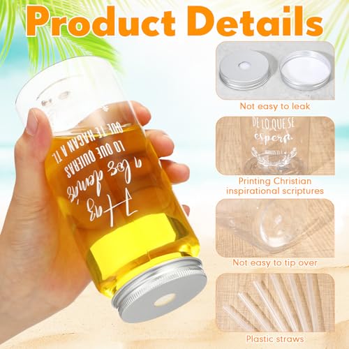 Spanish Christian Gift Cups 20 Pack - Reusable 13.5 oz Mason Jar with Straw & Lid