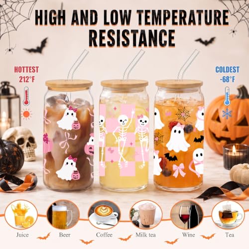 Pink Ghost Skeleton Glass Cups with Lids & Straws - 16oz Halloween Set