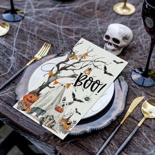 Halloween Paper Napkins 100 Pack with Jack-O-Lantern Ghost Cobweb Design - 4.3 x 7.9 Inches