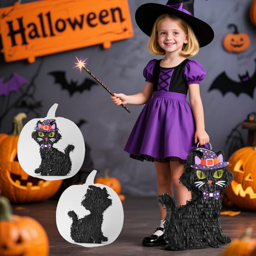 Halloween Cat Piñata with Blindfold and Stick - Black Cat Party Decor