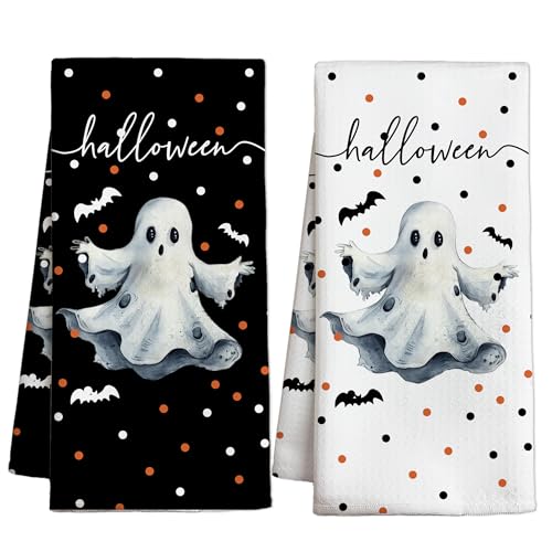 Halloween Kitchen Towel Set - White Spooky Ghost Black Face, 2-Pack, Indoor Home Decor