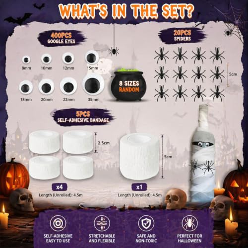 Halloween Mummy Bottle Wrap Kit with Wiggle Eyes & Spiders - DIY Decor