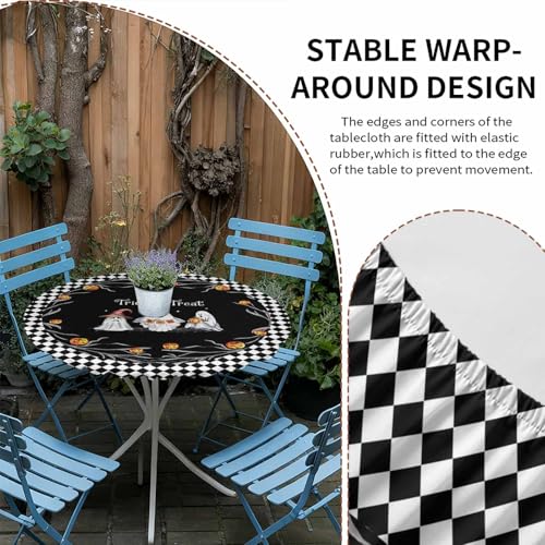 Halloween Fitted Round Tablecloth - Trick Or Treat Quotes Waterproof Cover with Elastic Edge, 45-54 Inch, Black