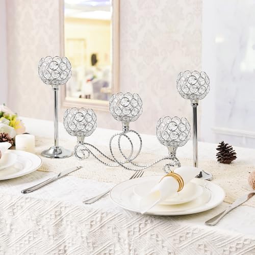 Silver 5 Arm Crystal Tea Light Candle Holder Set of 3 - Elegant Wedding & Holiday Decor