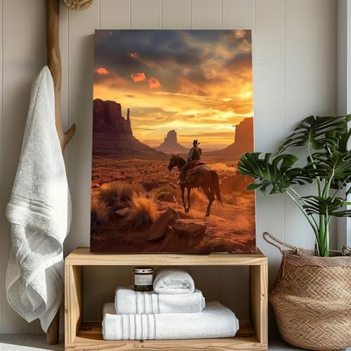 Western Cowboy Wall Art Desert Mountain Sunset Canvas Print - 16x24 Inches - Rustic Home Decor Variation of ZRCB13