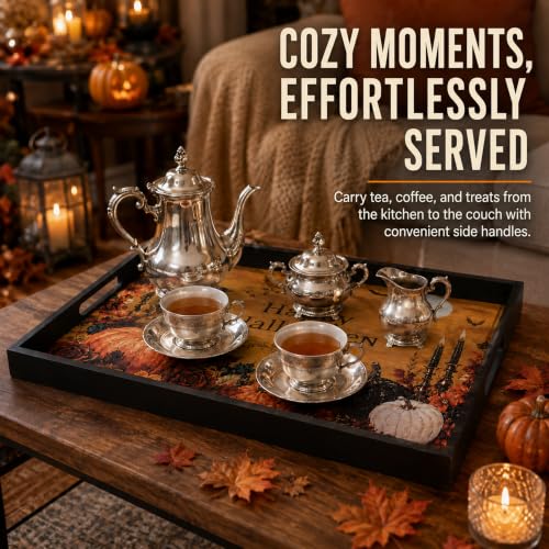 Bamboo Halloween Wooden Serving Tray with Handles 17x12 inches - Fall Decor