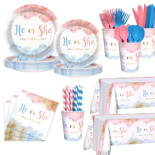 Pink Gender Reveal Paper Plates Napkins Party Set Serves 24 - AIBIIN
