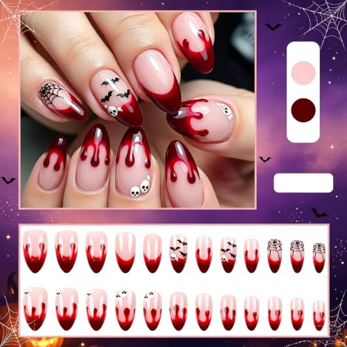 Halloween Fake Nails Set - Medium Almond Nude Blood Red Bat Skull 35 Variations