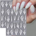 Self-Adhesive 5D Embossed Nail Stickers - White Skull Hand Bone Skeleton Halloween Decals - 2 Sheets