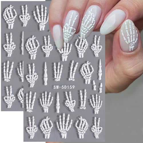 Self-Adhesive 5D Embossed Nail Stickers - White Skull Hand Bone Skeleton Halloween Decals - 2 Sheets
