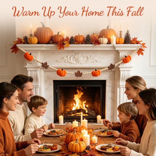 Fall Pumpkin Garland with Maple Leaves & Wood Beads - 6.8 ft Autumn Decor - Pumpkin Variation