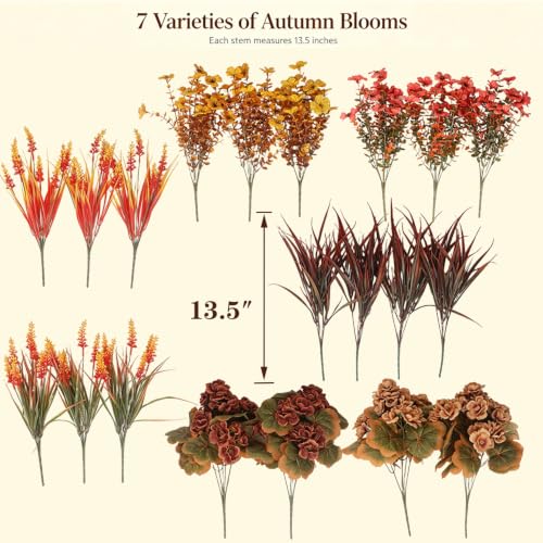 Artificial Fall Flowers Outdoor Decor - UV Resistant Faux Mums - Orange Yellow, 13.5 Inch