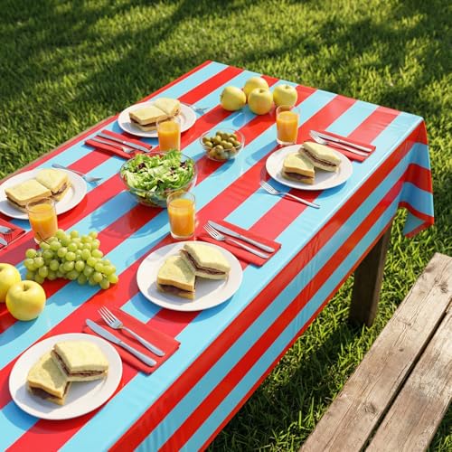 Blue and Red Striped Plastic Tablecloth - Halloween Party Rectangular 108x54 Inches - Set of 3