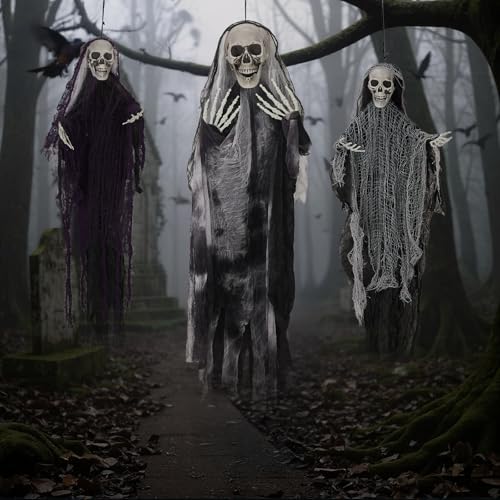 Halloween Decorations 3 Pack Hanging Skeleton Ghosts - Grim Reaper Props with Adjustable Arms