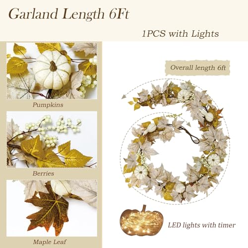 White Fall Garland with Lights - 6Ft Autumn Leaves & Pumpkins for Home Decor - Halloween & Thanksgiving Indoor Outdoor