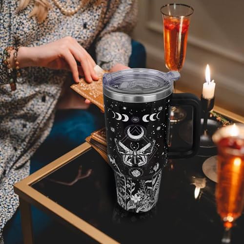 Black 40 oz Gothic Tumbler with Handle & Straw - Leak Proof Travel Coffee Mug