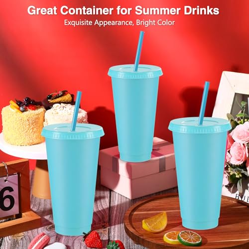 Reusable Plastic Cup with Lid and Straw - 24 oz Blue, Set of 12