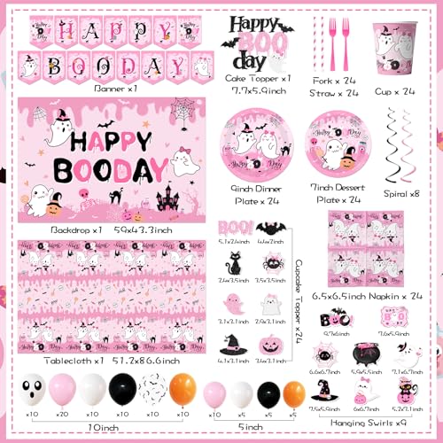 275Pcs Halloween Birthday Party Decorations Pink and Black Set for Kids – Plates, Balloons, Banner & More