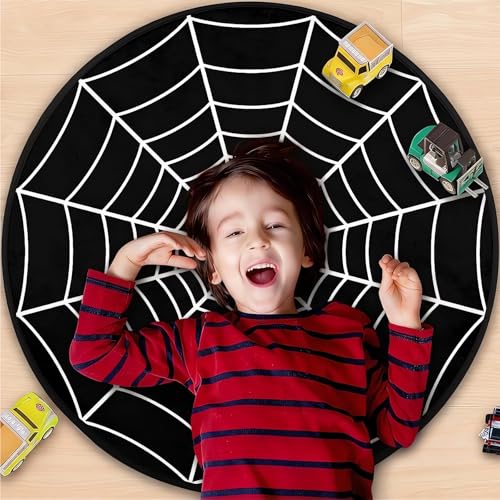 Round Black Spider Web Area Rug 3Ft - Washable Non-Slip Floor Mat for Bedroom & Living Room - Web Design Variation
