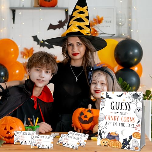 Halloween Candy Corn Jar Guessing Game Sign with 50 Cards - Spider Web Variation