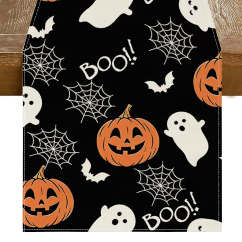 Black Halloween Table Runner Boo Ghost Pumpkin 13x60 Inches - Spooky Kitchen Decor