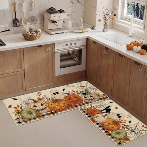 Halloween Ghost Kitchen Rugs Set of 2 - Seasonal Kitchen Floor Mats, 17x29 & 17x47 Inches