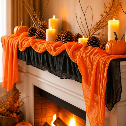 Halloween Cheesecloth Table Runner Black Orange 2 Pack - Trick or Treat Party Decor