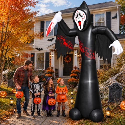 Skull Halloween Inflatable Decoration - 12FT Grim Reaper with LED Lights