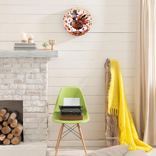 Silent Battery Operated Wall Clock - Cute Thanksgiving Turkey Decor 12 Inch