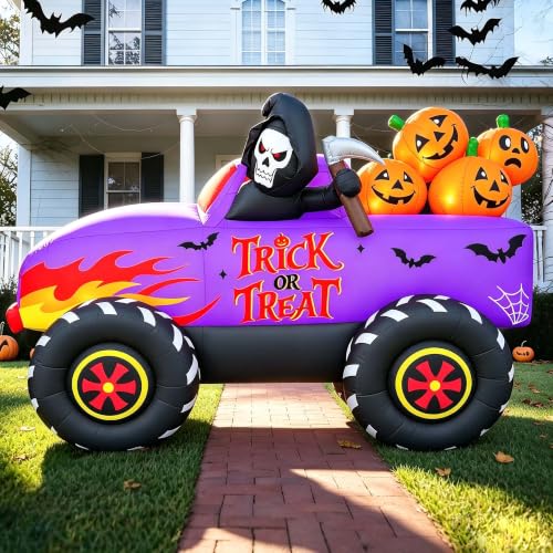 9 Ft Halloween Inflatable Monster Truck with LED Lights, Reaper & Pumpkins Yard Decor