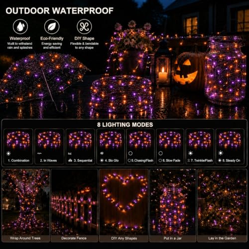 Halloween Solar String Lights 2 Pack - 240 LED Orange & Purple Outdoor Decor with 8 Modes