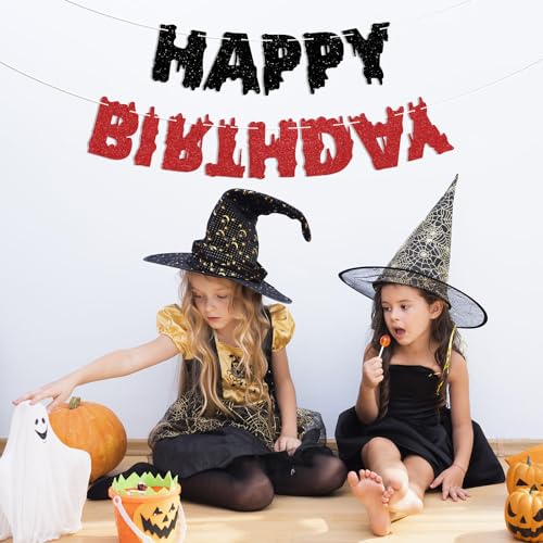 Halloween Birthday Banner - Spooky Stranger Themed Party Decor, Black & Red Glitter