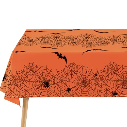 Halloween Spider Web Bat Tablecloth 60x104 Inch Rectangular Orange Washable Decor