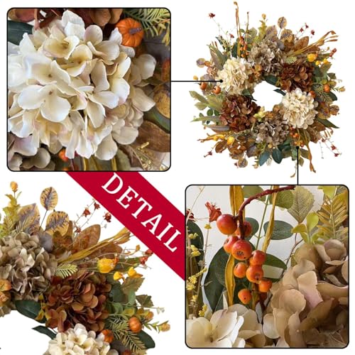 24 Inch Fall Wreath with Hydrangea & Mini Pumpkins - Rustic Front Door Decor - Variation: 10 Rusty Hydrangea