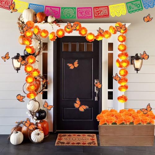 Day of The Dead Decorations Bundle - Mexican Banners, Marigold Garland & Butterflies