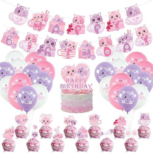 Cat Birthday Party Decorations Set with Banner, Cake Toppers, Balloons & Ribbons