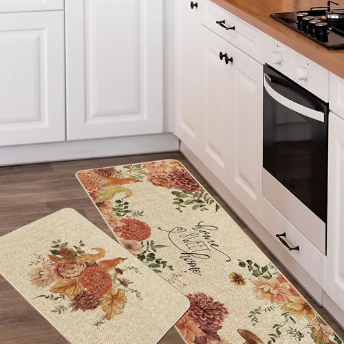 Fall Dahlia Pumpkin Kitchen Mats Set - 17 x 29 & 17 x 47 Inches, Thanksgiving Decor