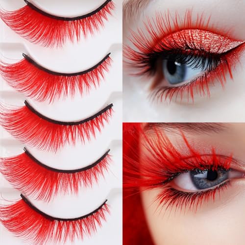 False Lashes Cat Eye Fluffy 5 Pairs - Red Color for Halloween & Parties