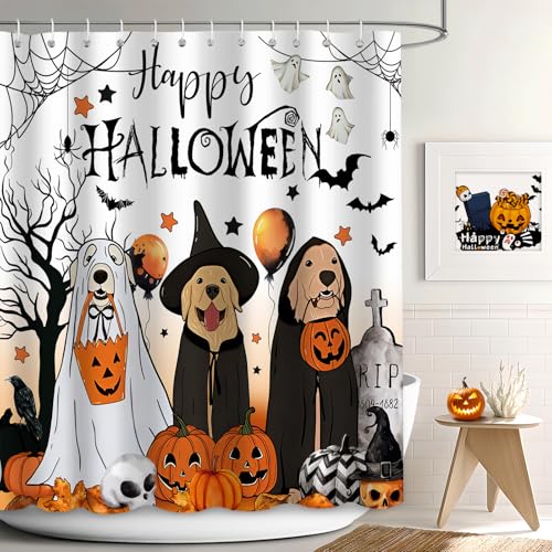 Halloween Shower Curtain for Bathroom - Funny Dog Ghost Pumpkin Bat Theme, Waterproof Fabric, 72x72 Inches, White Variation
