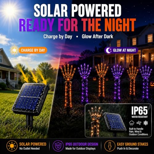 Solar Powered Halloween Skeleton Hand Pathway Lights - Purple & Orange 5 Pack Outdoor Yard Decor